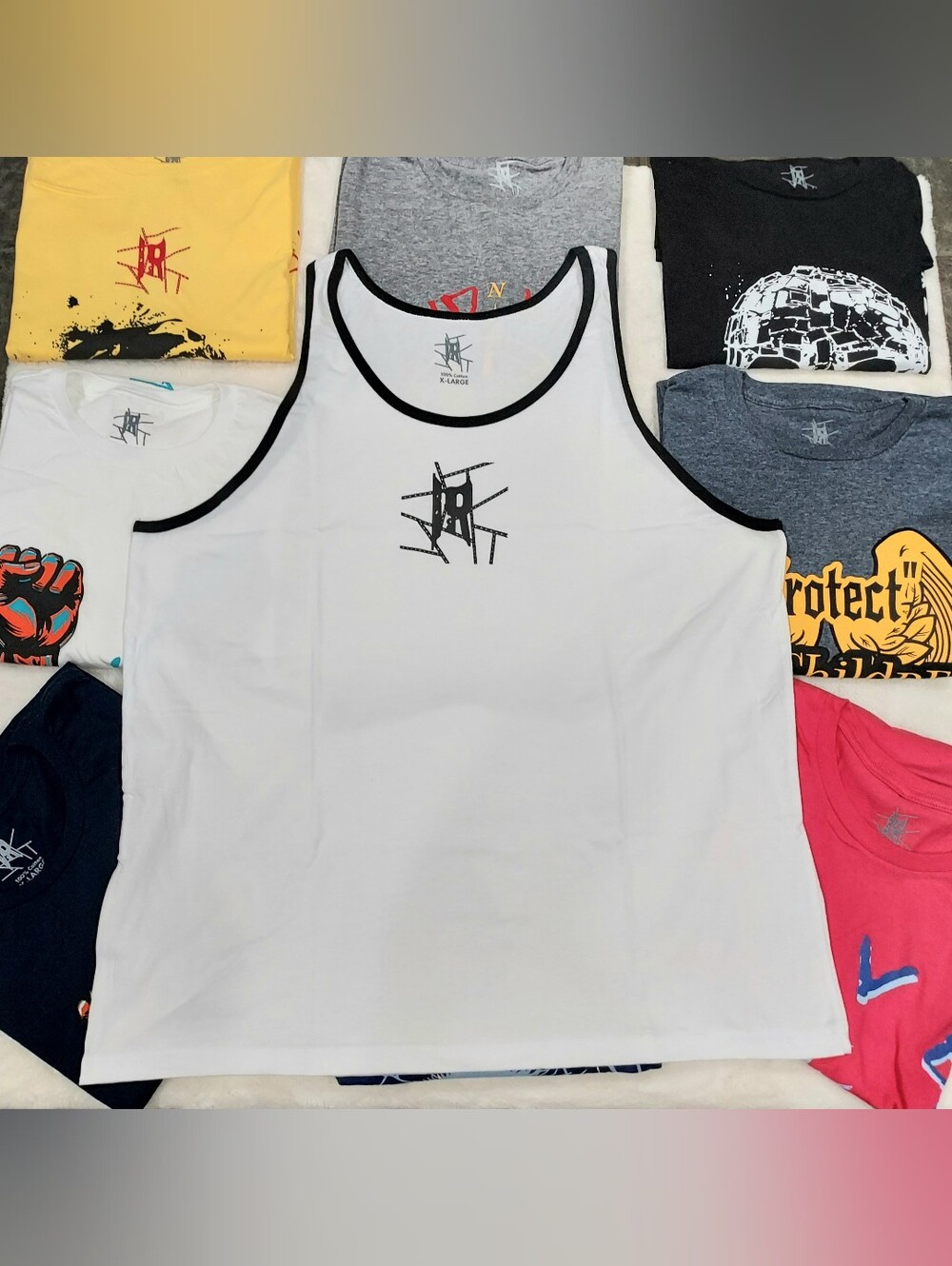 White Jersey Tank Top with Black Trim and Center "IR" Logo Graphic - Unisex Tank